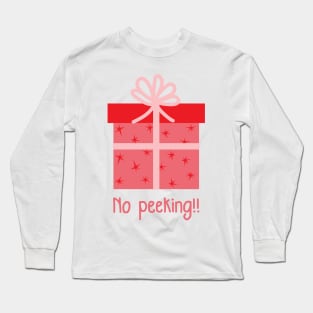 Christmas red Present Gift Box with pink Ribbon - No Peeking! Long Sleeve T-Shirt